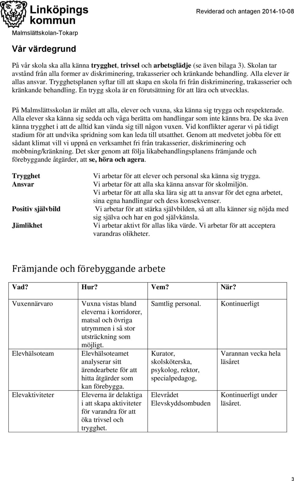 En trygg skola är en förutsättning för att lära och utvecklas. På Malmslättsskolan är målet att alla, elever och vuxna, ska känna sig trygga och respekterade.