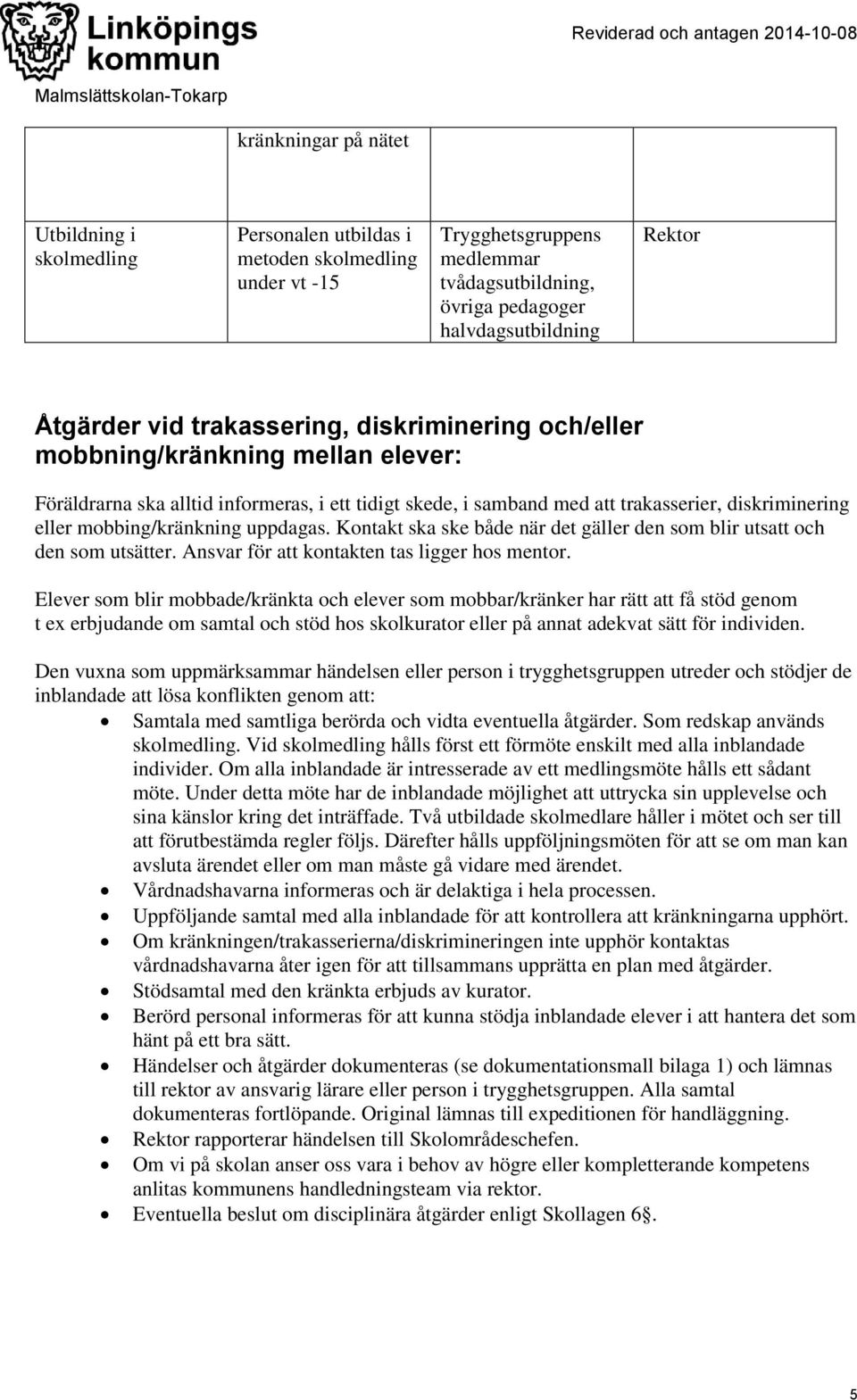 mobbing/kränkning uppdagas. Kontakt ska ske både när det gäller den som blir utsatt och den som utsätter. Ansvar för att kontakten tas ligger hos mentor.