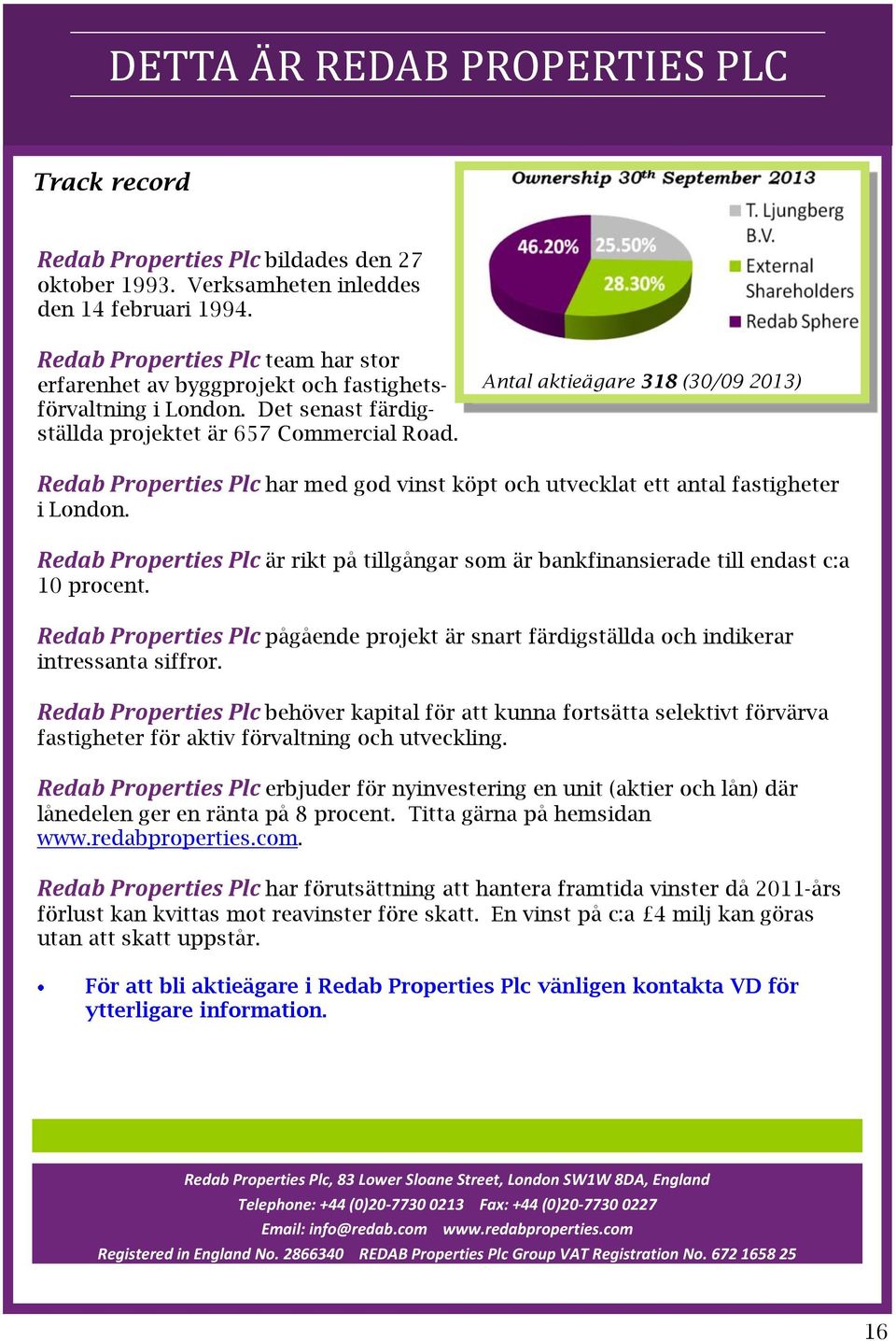 Antal aktieägare 318 (30/09 2013) Redab Properties Plc har med god vinst köpt och utvecklat ett antal fastigheter i London.