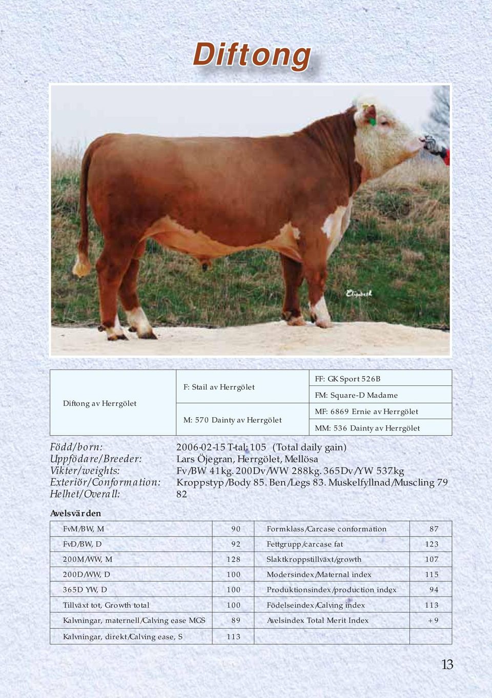 Muskelfyllnad/Muscling 79 Helhet/Overall: 82 FvM/BW, M 90 Formklass/Carcase conformation 87 FvD/BW, D 92 Fettgrupp/carcase fat 123 200M/WW, M 128 Slaktkroppstillväxt/growth 107 200D/WW, D 100