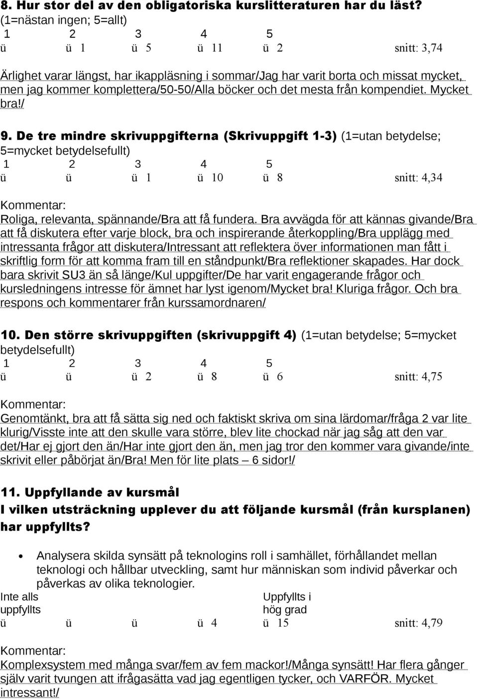 kompendiet. Mycket bra!/ 9. De tre mindre skrivuppgifterna (Skrivuppgift 1-3) (1=utan betydelse; 5=mycket betydelsefullt) 1 10 8 snitt: 4,34 Roliga, relevanta, spännande/bra att få fundera.