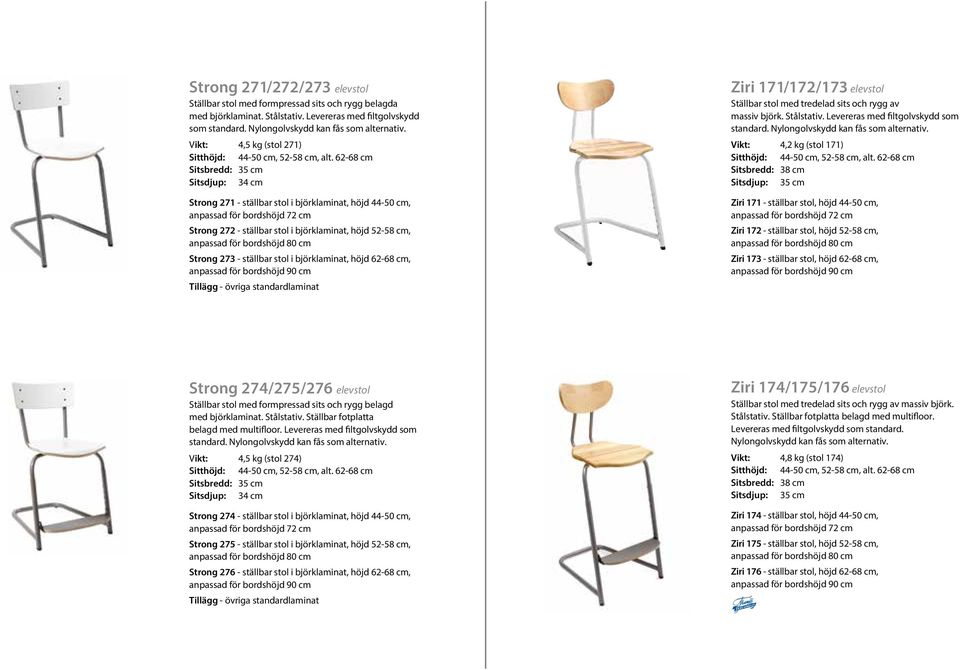 62-68 cm Sitsbredd: 35 cm Sitsdjup: 34 cm Strong 271 - ställbar stol i björklaminat, höjd 44-50 cm, anpassad för bordshöjd 72 cm Strong 272 - ställbar stol i björklaminat, höjd 52-58 cm, anpassad för
