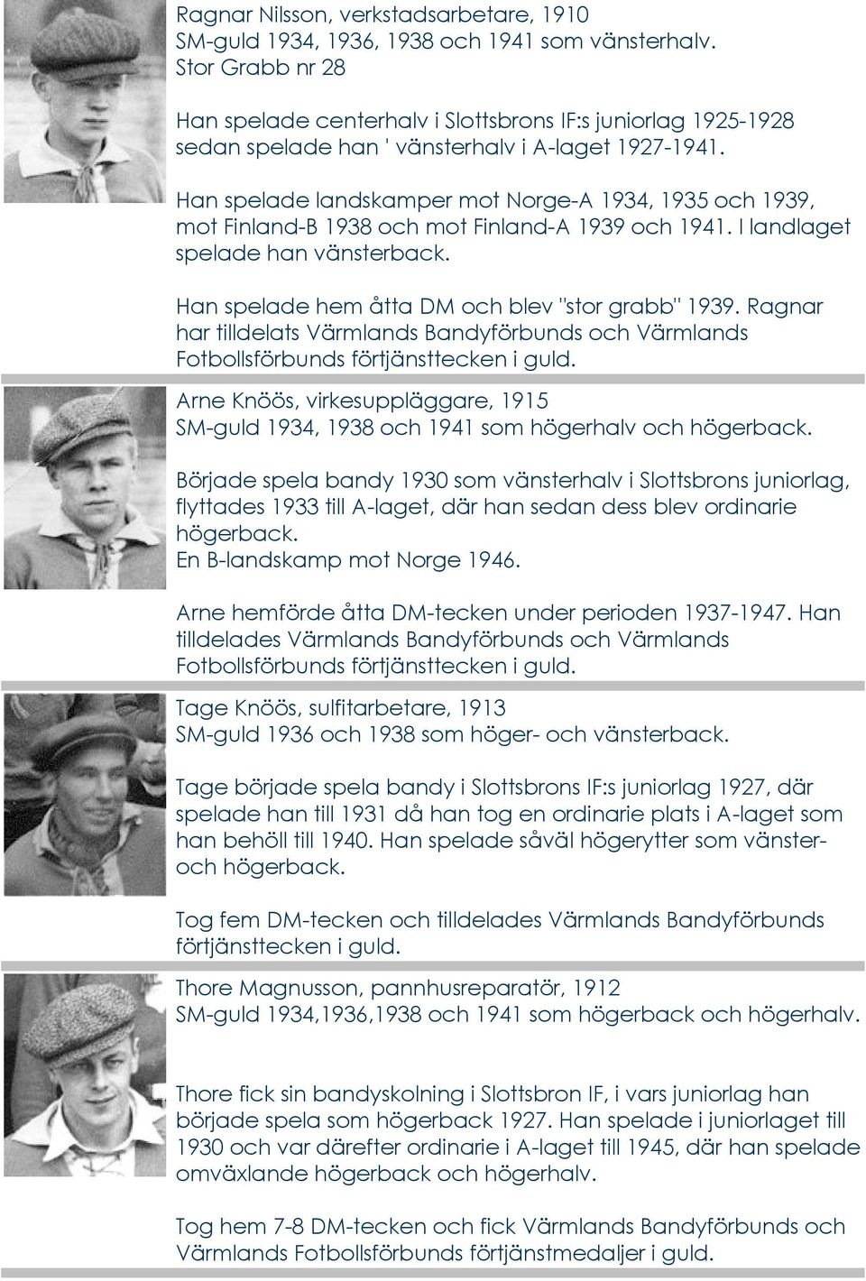 Han spelade landskamper mot Norge-A 1934, 1935 och 1939, mot Finland-B 1938 och mot Finland-A 1939 och 1941. I landlaget spelade han vänsterback. Han spelade hem åtta DM och blev "stor grabb" 1939.