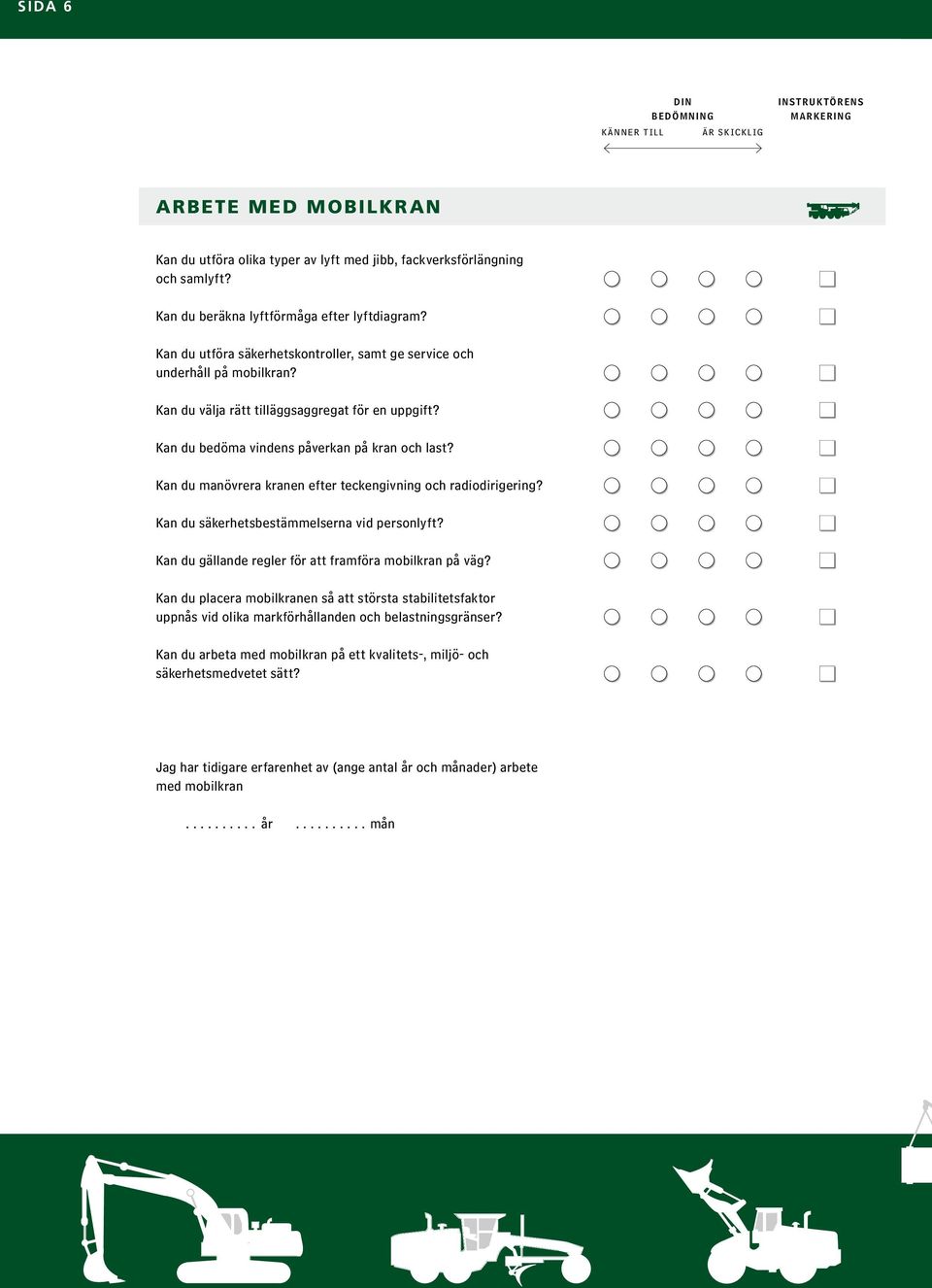 Kan du manövrera kranen efter teckengivning och radiodirigering? Kan du säkerhetsbestämmelserna vid personlyft? Kan du gällande regler för att framföra mobilkran på väg?