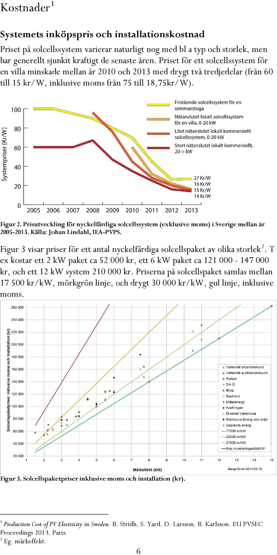 Prisutveckling för nyckelfärdiga solcellssystem (exklusive moms) i Sverige mellan år 2005-2013. Källa: Johan Lindahl, IEA-PVPS.
