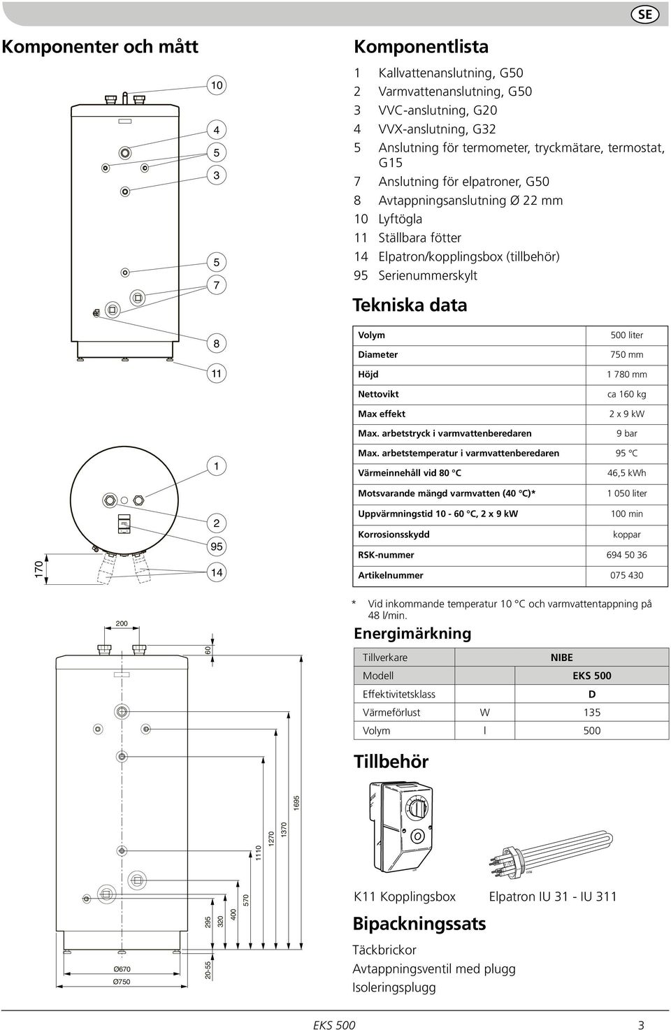 8 11 Volym Diameter Höjd Nettovikt Max effekt Max. arbetstryck i varmvattenberedaren 500 liter 750 mm 1 780 mm ca 160 kg 2 x 9 kw 9 bar 1 Max.