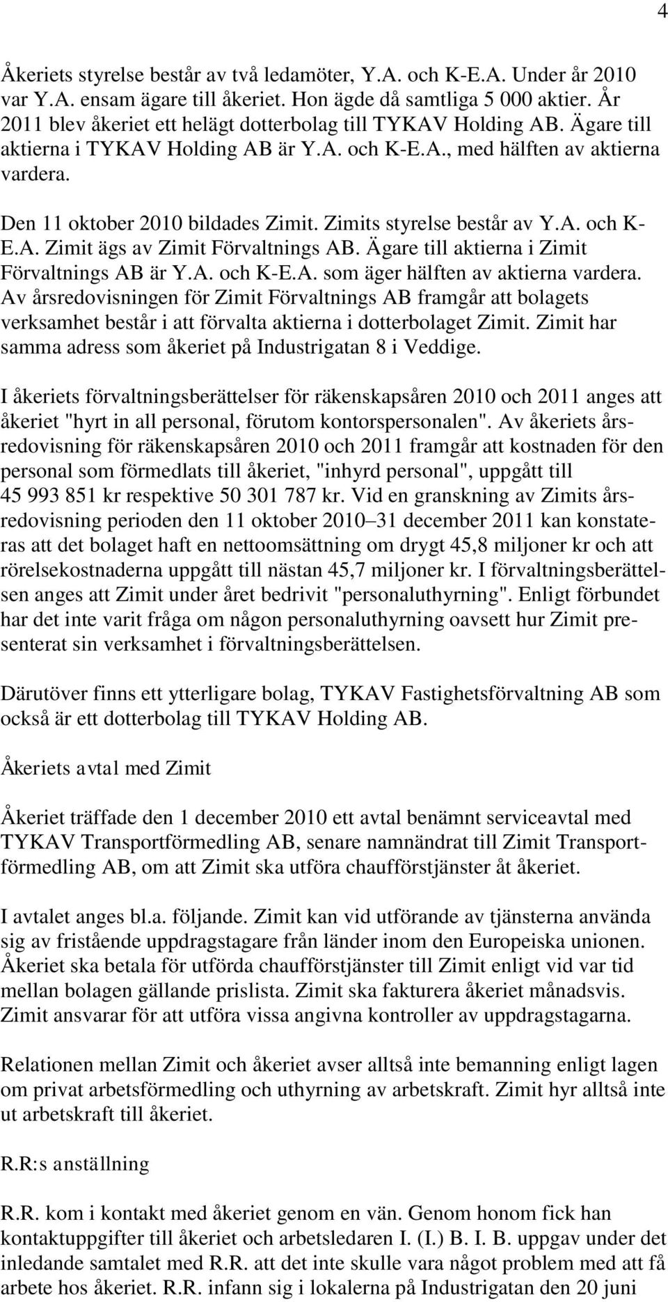 Zimits styrelse består av Y.A. och K- E.A. Zimit ägs av Zimit Förvaltnings AB. Ägare till aktierna i Zimit Förvaltnings AB är Y.A. och K-E.A. som äger hälften av aktierna vardera.