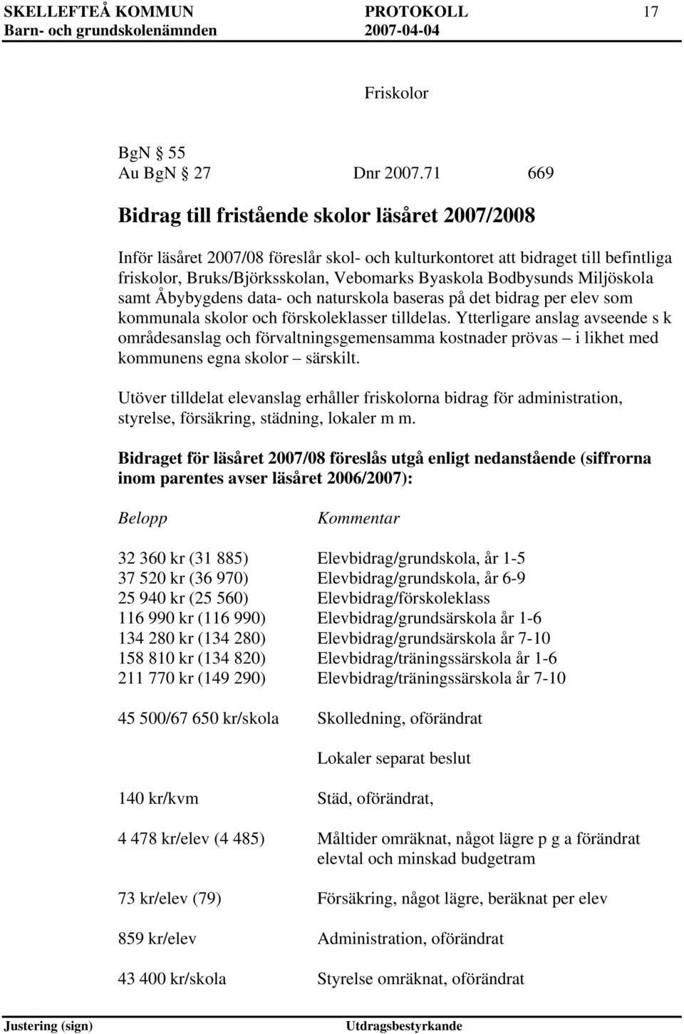 Miljöskola samt Åbybygdens data- och naturskola baseras på det bidrag per elev som kommunala skolor och förskoleklasser tilldelas.