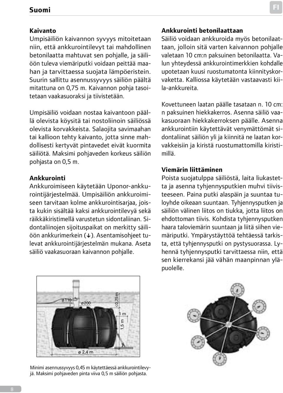 Umpisäiliö voidaan nostaa kaivantoon päällä olevista köysitä tai nostoliinoin säiliössä olevista korvakkeista.