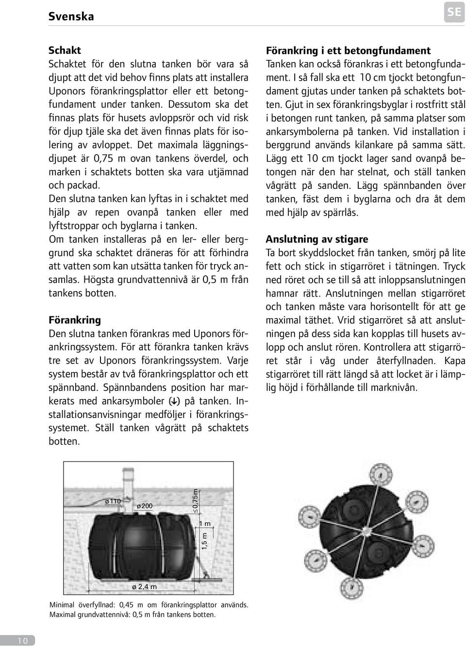 Det maximala läggningsdjupet är 0,75 m ovan tankens överdel, och marken i schaktets botten ska vara utjämnad och packad.