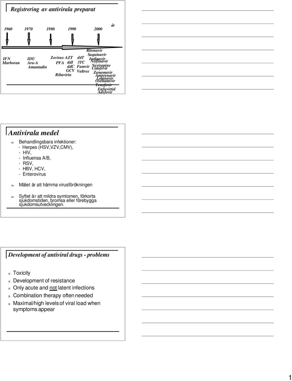 Ifluesa A/B, - RSV, - HBV, HCV, - Eterovirus Målet är att hämma virusförökige Syftet är att mildra symtome, förkorta sjukdomstide, bromsa eller förebygga sjukdomsutvecklige.