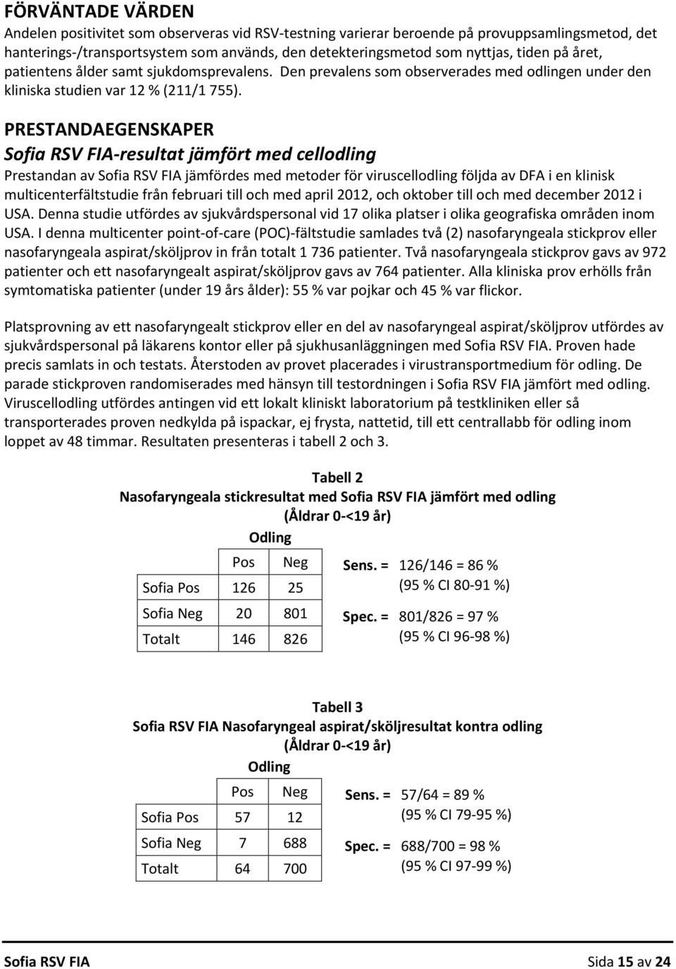 PRESTANDAEGENSKAPER Sofia RSV FIA resultat jämfört med cellodling Prestandan av Sofia RSV FIA jämfördes med metoder för viruscellodling följda av DFA i en klinisk multicenterfältstudie från februari