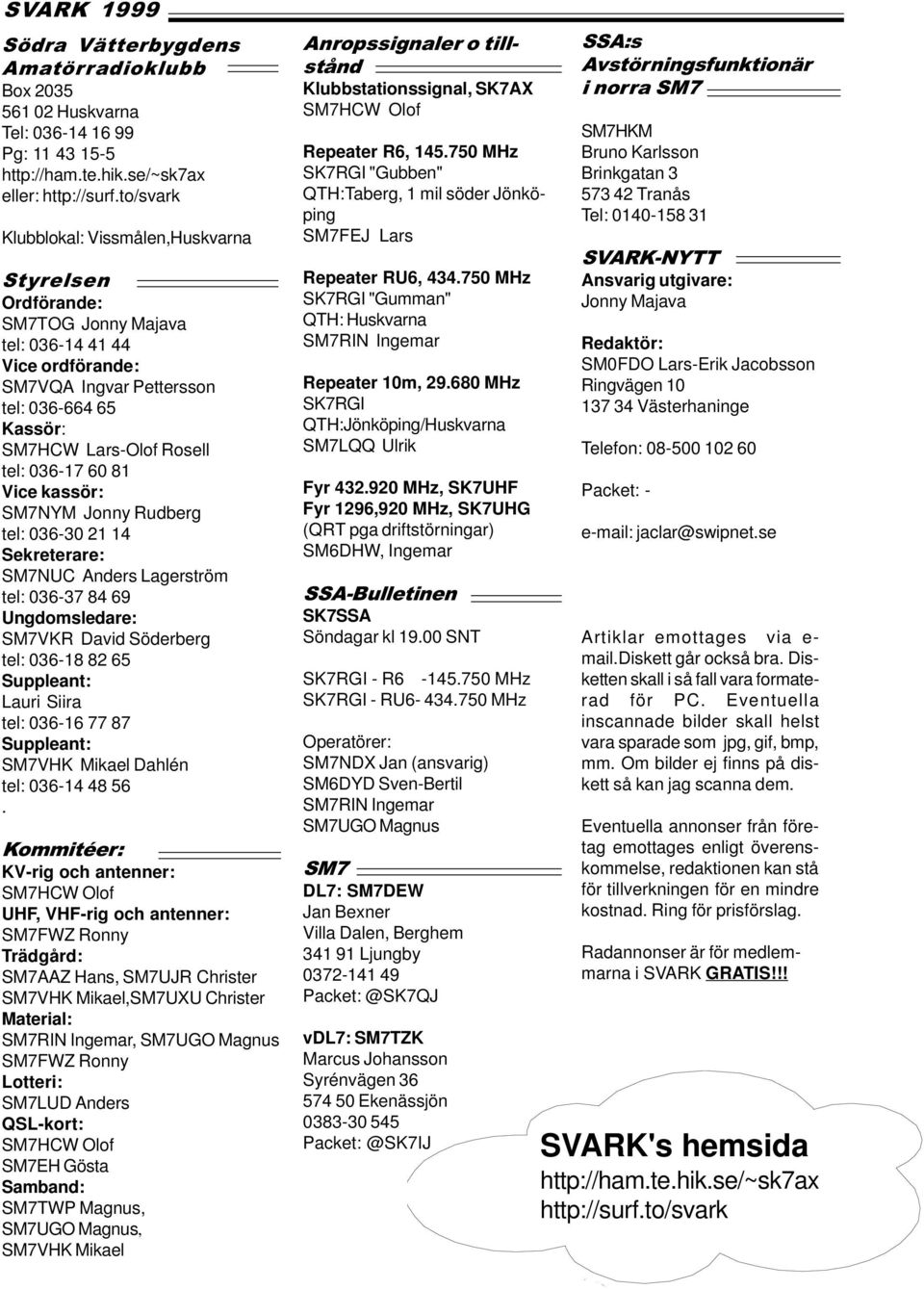 036-17 60 81 Vice kassör: SM7NYM Jonny Rudberg tel: 036-30 21 14 Sekreterare: SM7NUC Anders Lagerström tel: 036-37 84 69 Ungdomsledare: SM7VKR David Söderberg tel: 036-18 82 65 Suppleant: Lauri Siira