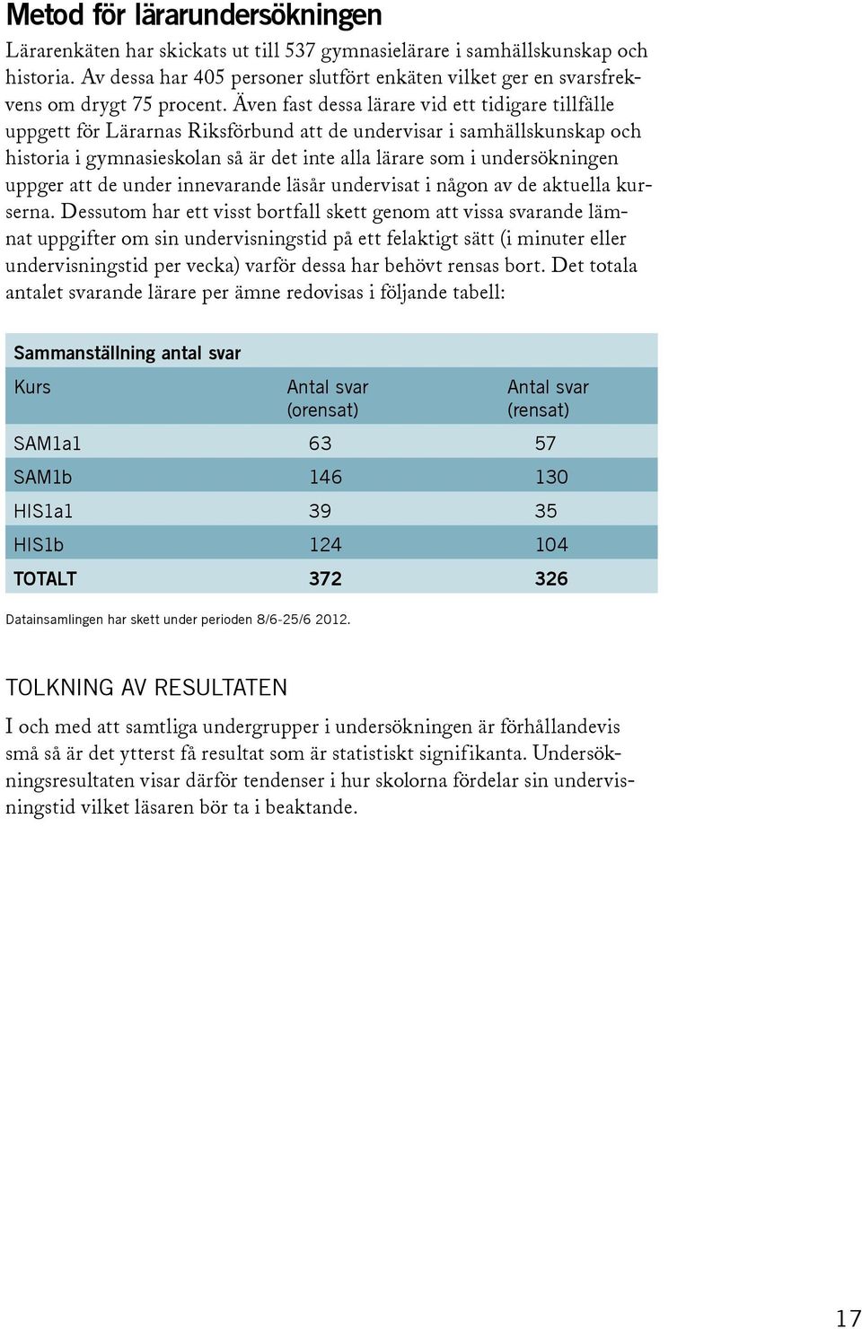 Även fast dessa lärare vid ett tidigare tillfälle uppgett för Lärarnas Riksförbund att de undervisar i samhällskunskap och historia i gymnasieskolan så är det inte alla lärare som i undersökningen