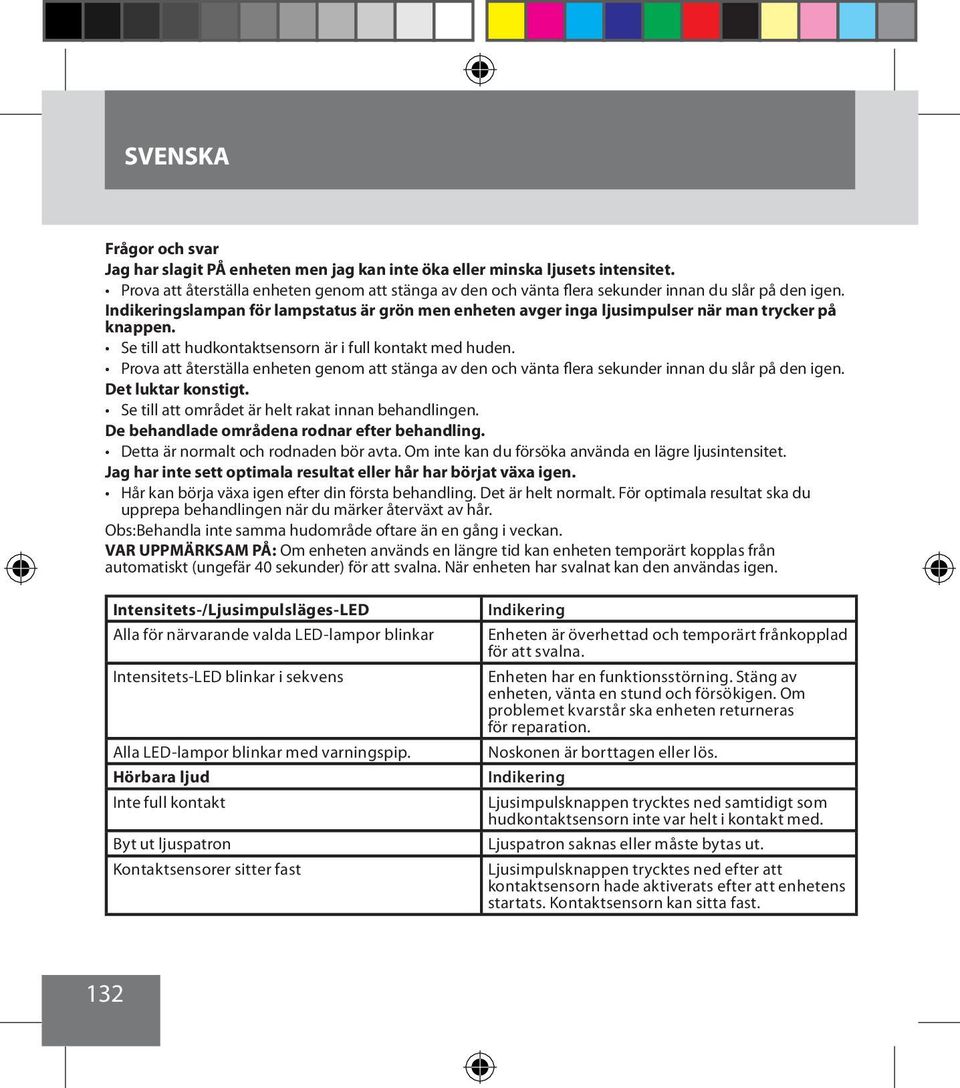 Indikeringslampan för lampstatus är grön men enheten avger inga ljusimpulser när man trycker på knappen. Se till att hudkontaktsensorn är i full kontakt med huden.  Det luktar konstigt.