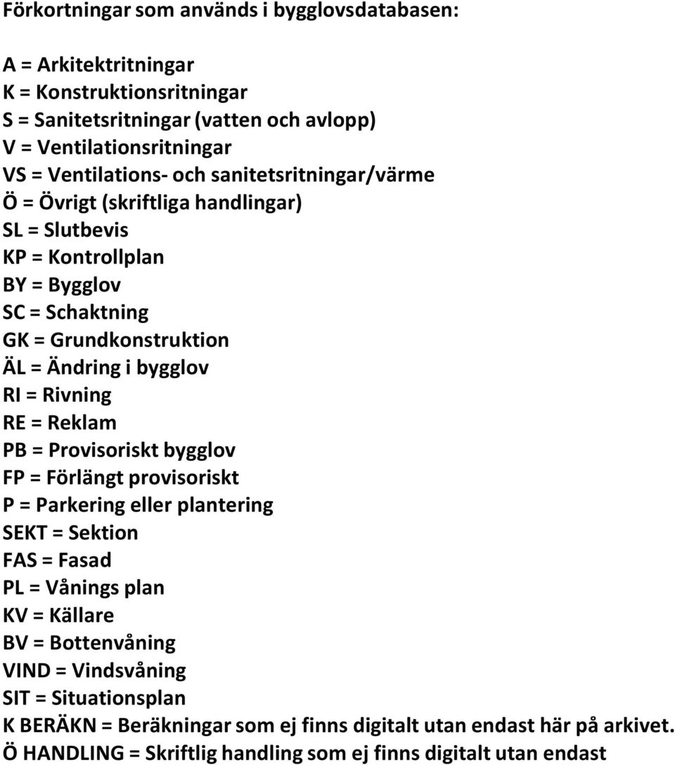 bygglov RI = Rivning RE = Reklam PB = Provisoriskt bygglov FP = Förlängt provisoriskt P = Parkering eller plantering SEKT = Sektion FAS = Fasad PL = Vånings plan KV = Källare BV =