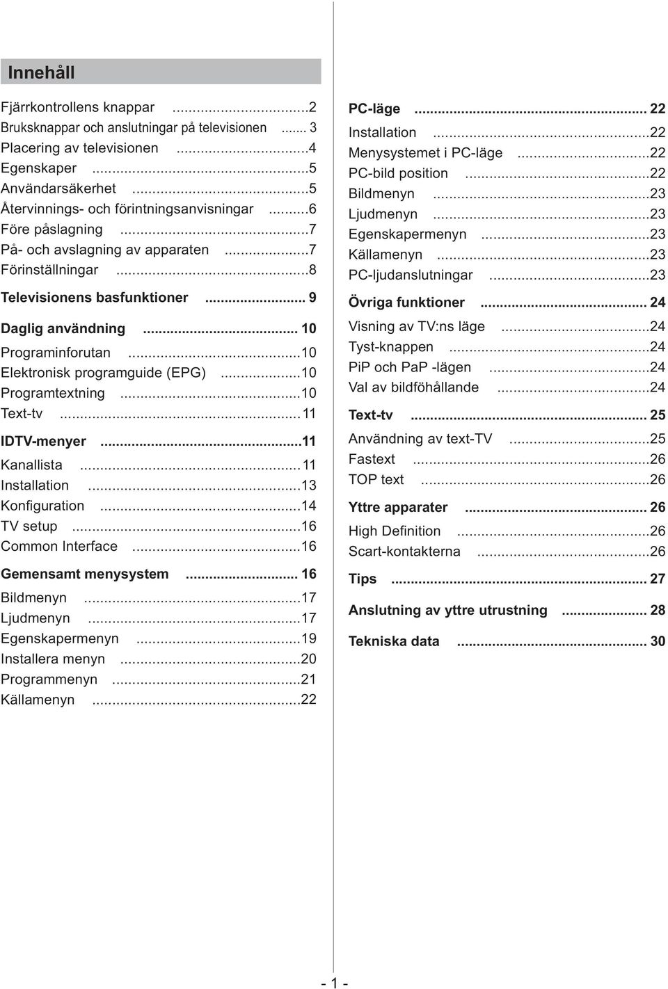 ..10 Programtextning...10 Text-tv...11 IDTV-menyer...11 Kanallista...11 Installation...13...14 TV setup...16 Common Interface...16 Gemensamt menysystem... 16 Bildmenyn...17 Ljudmenyn.