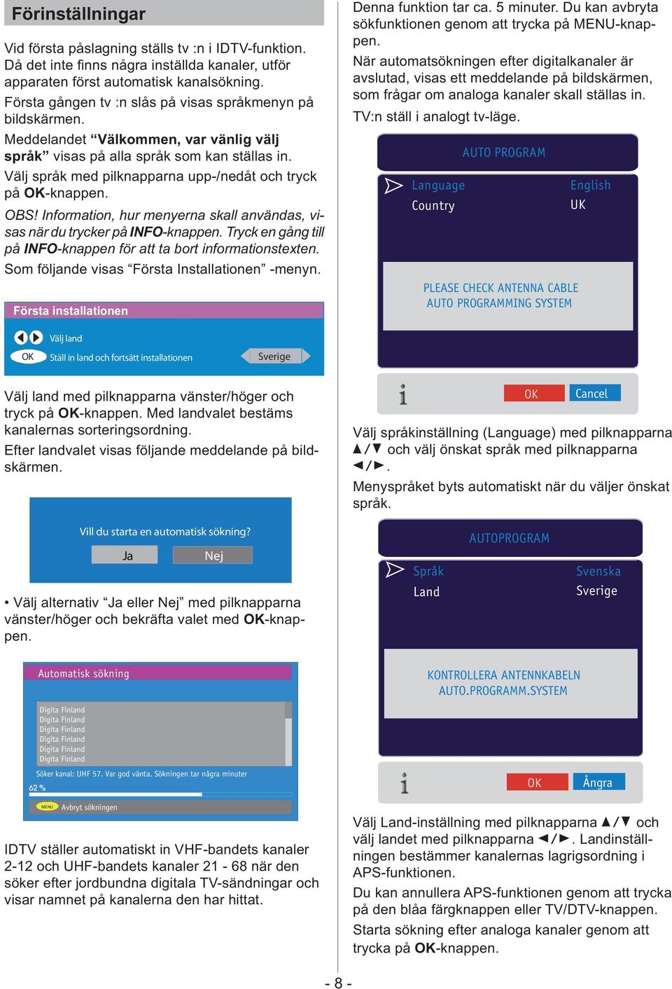 Information, hur menyerna skall användas, visas när du trycker på INFO-knappen. Tryck en gång till på INFO-knappen för att ta bort informationstexten. Som följande visas Första Installationen -menyn.