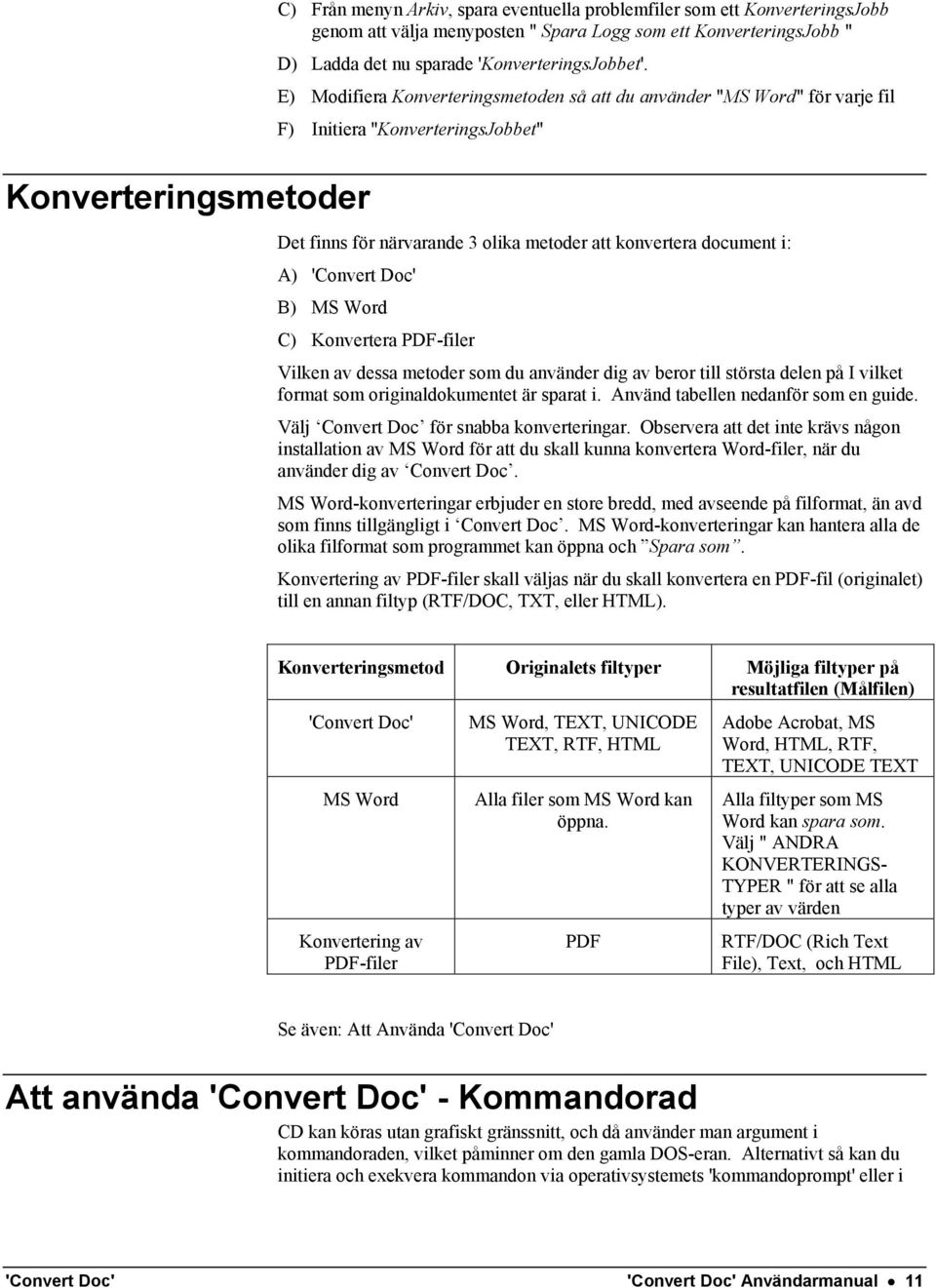 E) Modifiera Konverteringsmetoden så att du använder "MS Word" för varje fil F) Initiera ''KonverteringsJobbet'' Det finns för närvarande 3 olika metoder att konvertera document i: A) 'Convert Doc'