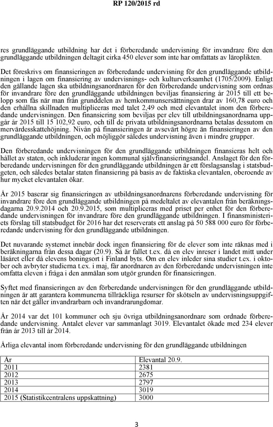 Enligt den gällande lagen ska utbildningsanordnaren för den förberedande undervisning som ordnas för invandrare före den grundläggande utbildningen beviljas finansiering år 2015 till ett belopp som