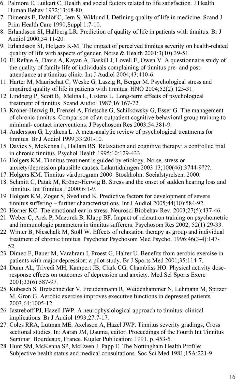 The impact of perceived tinnitus severity on health-related quality of life with aspects of gender. Noise & Health 2001;3(10):39-51. 10. El Refaie A, Davis A, Kayan A, Baskill J, Lovell E, Owen V.