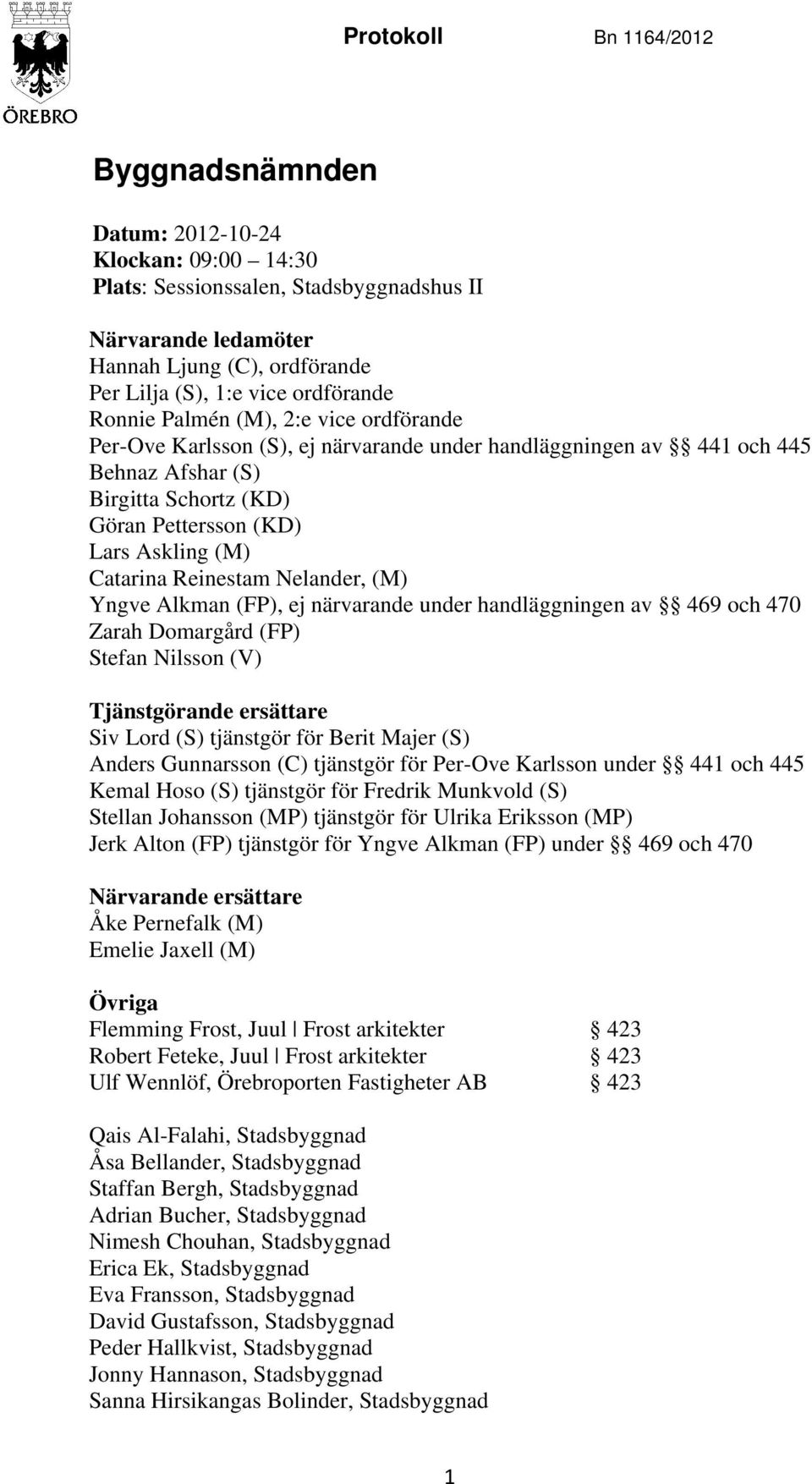 (M) Catarina Reinestam Nelander, (M) Yngve Alkman (FP), ej närvarande under handläggningen av 469 och 470 Zarah Domargård (FP) Stefan Nilsson (V) Tjänstgörande ersättare Siv Lord (S) tjänstgör för