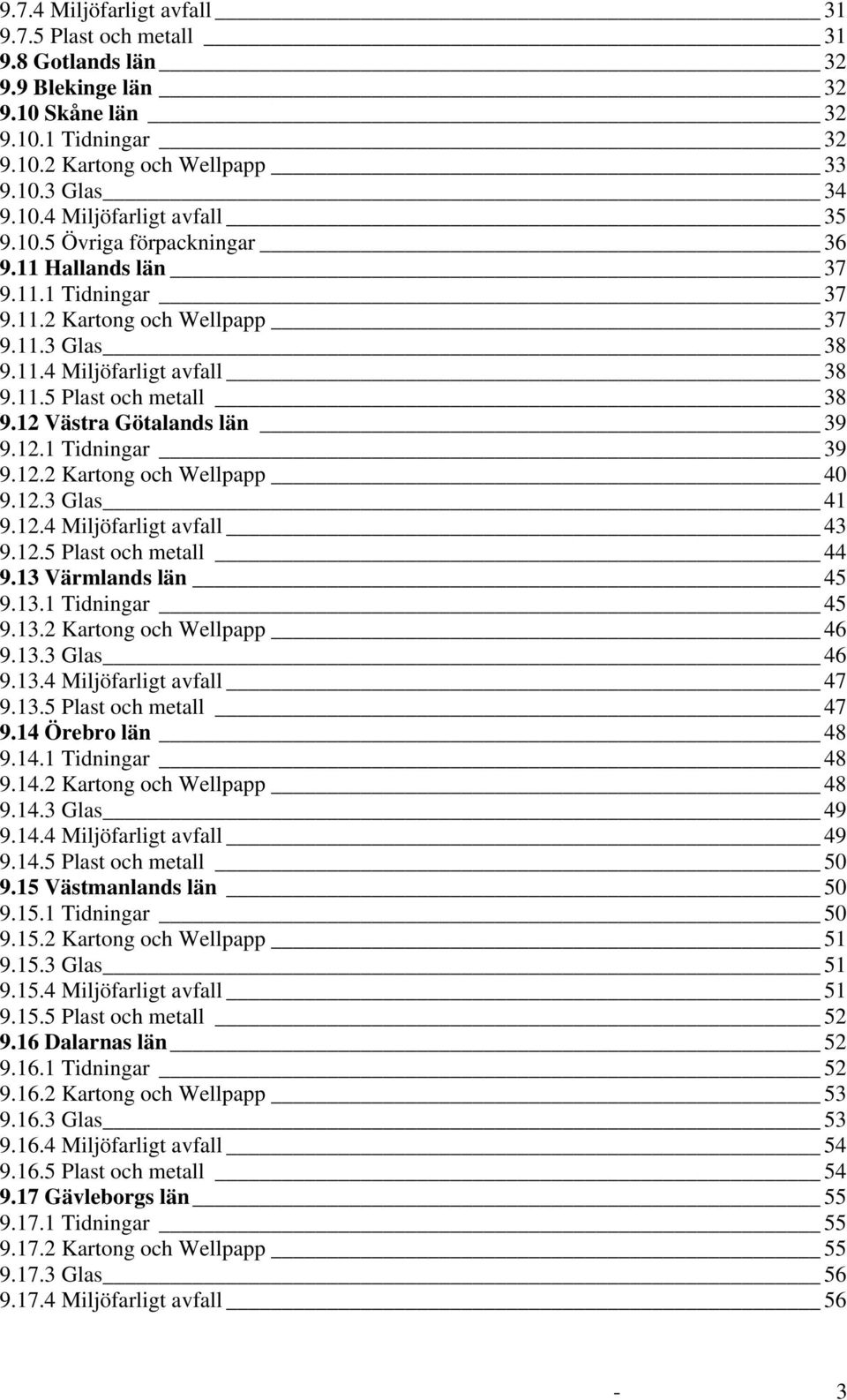 12 Västra Götalands län 39 9.12.1 Tidningar 39 9.12.2 Kartong och Wellpapp 40 9.12.3 Glas 41 9.12.4 Miljöfarligt avfall 43 9.12.5 Plast och metall 44 9.13 Värmlands län 45 9.13.1 Tidningar 45 9.13.2 Kartong och Wellpapp 46 9.