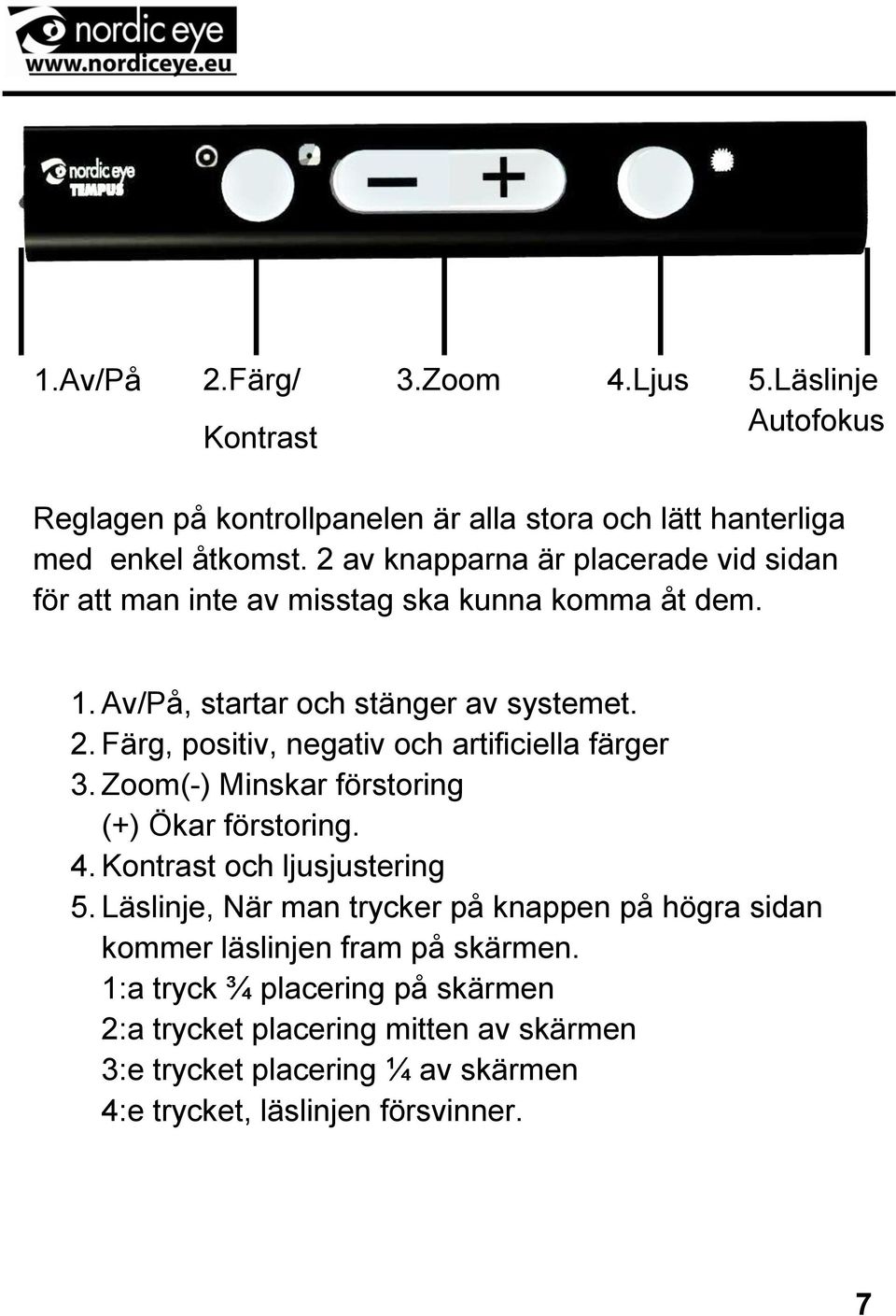 Färg, positiv, negativ och artificiella färger 3. Zoom(-) Minskar förstoring (+) Ökar förstoring. 4. Kontrast och ljusjustering 5.