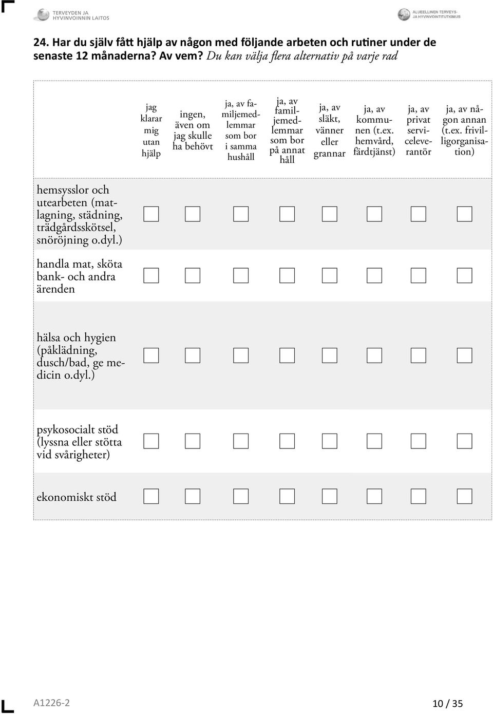 bor på annat håll ja, av släkt, vänner eller grannar ja, av kommunen (t.ex. hemvård, färdtjänst) ja, av privat serviceleverantör ja, av någon annan (t.ex. frivilligorganisation) hemsysslor och utearbeten (matlagning, städning, trädgårdsskötsel, snöröjning o.