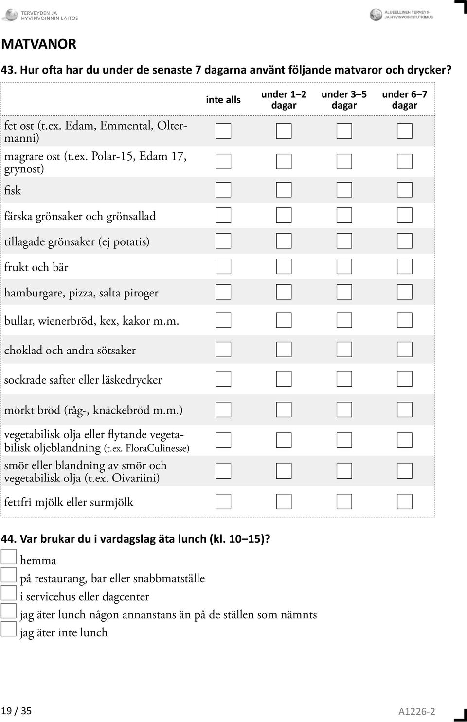 Polar-15, Edam 17, grynost) fisk färska grönsaker och grönsallad tillagade grönsaker (ej potatis) frukt och bär hamburgare, pizza, salta piroger bullar, wienerbröd, kex, kakor m.m. choklad och andra sötsaker sockrade safter eller läskedrycker mörkt bröd (råg-, knäckebröd m.