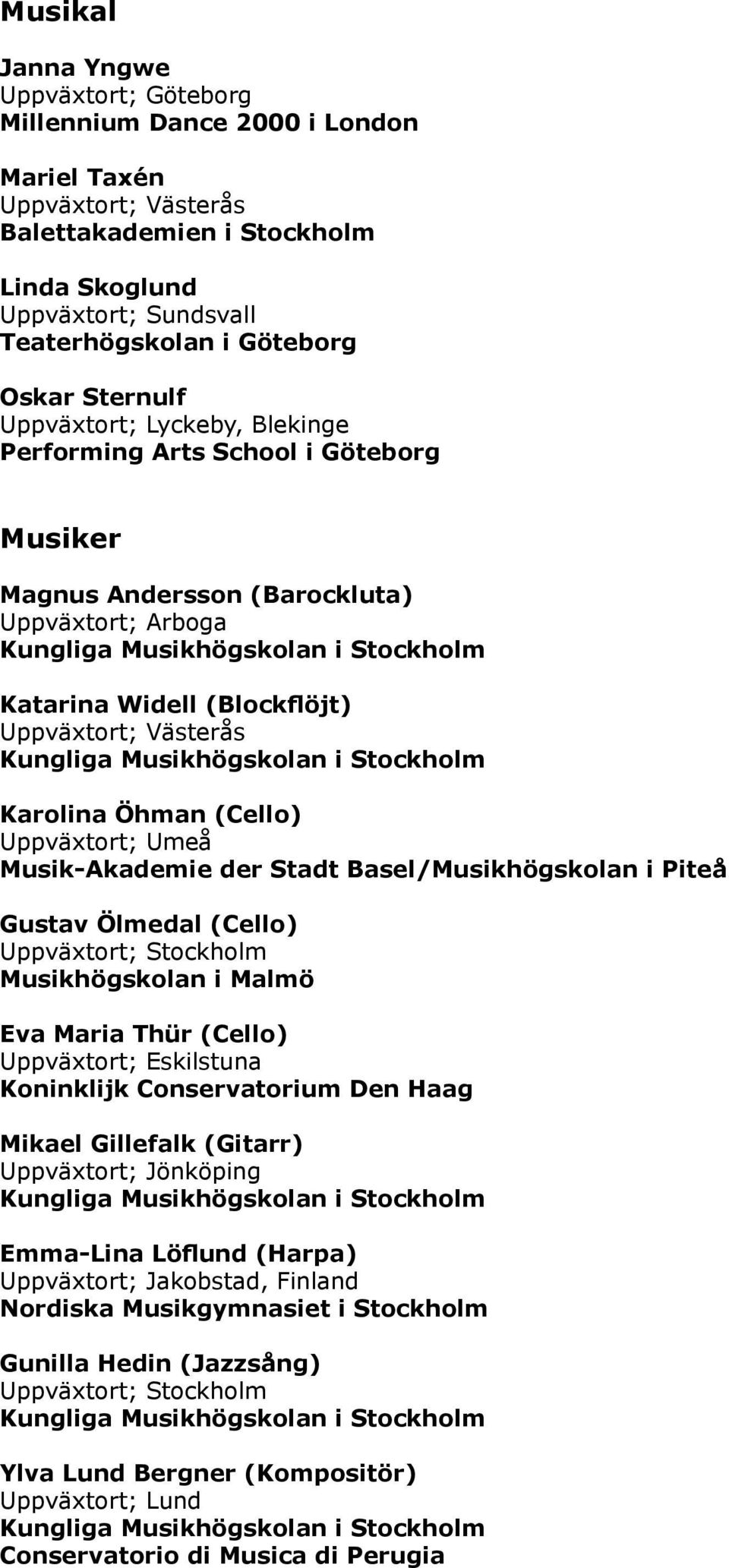 Basel/Musikhögskolan i Piteå Gustav Ölmedal (Cello) Musikhögskolan i Malmö Eva Maria Thür (Cello) Uppväxtort; Eskilstuna Koninklijk Conservatorium Den Haag Mikael Gillefalk (Gitarr) Uppväxtort;