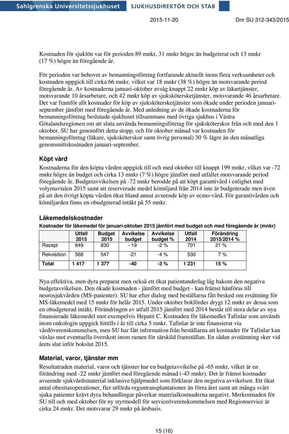 år. Av kostnaderna januari-oktober avsåg knappt 22 mnkr köp av läkartjänster, motsvarande 10 årsarbetare, och 42 mnkr köp av sjukskötersketjänster, motsvarande 46 årsarbetare.