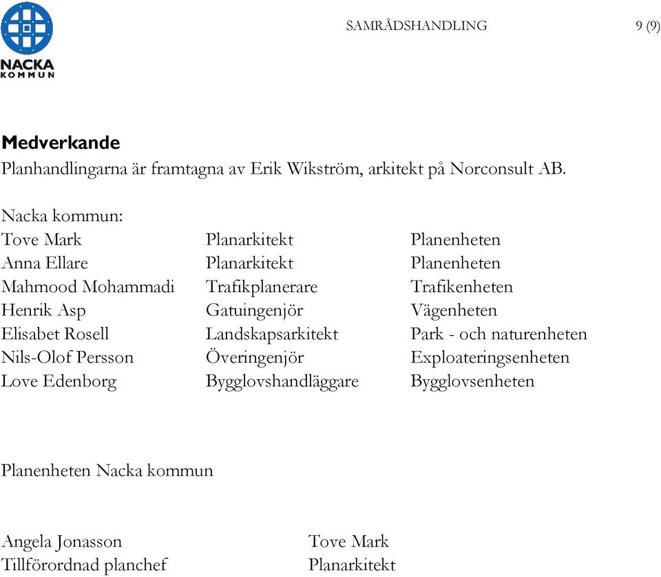 Trafikenheten Henrik Asp Gatuingenjör Vägenheten Elisabet Rosell Landskapsarkitekt Park - och naturenheten Nils-Olof Persson