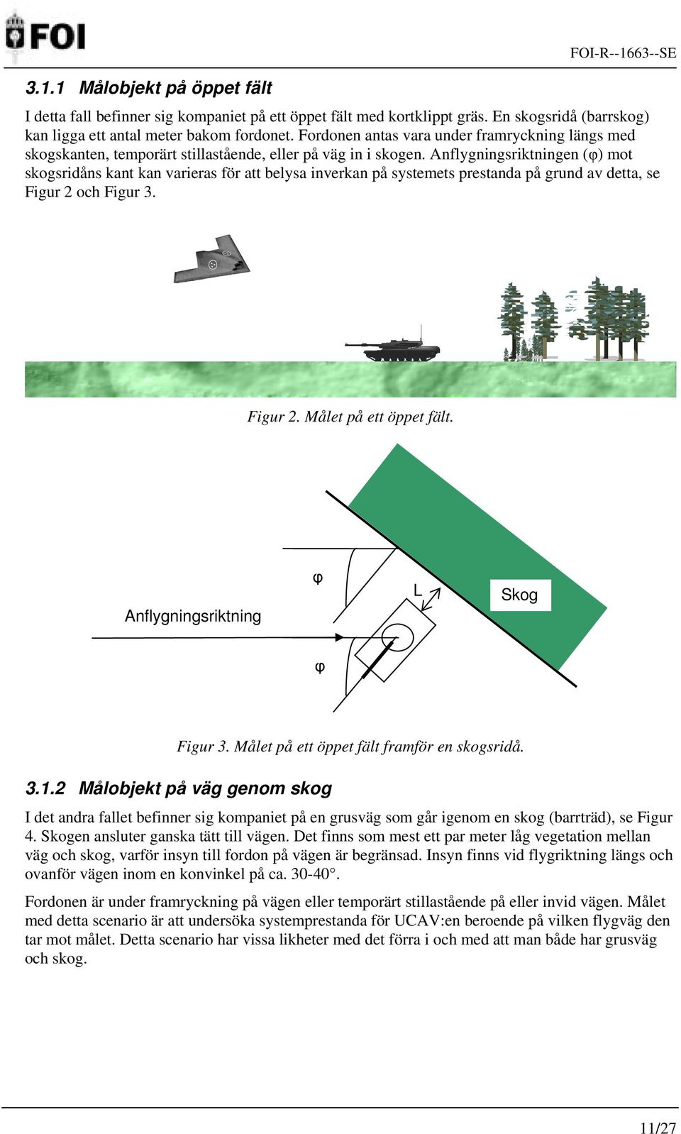 Anflygningsriktningen (φ) mot skogsridåns kant kan varieras för att belysa inverkan på systemets prestanda på grund av detta, se Figur 2 och Figur 3. Figur 2. Målet på ett öppet fält.