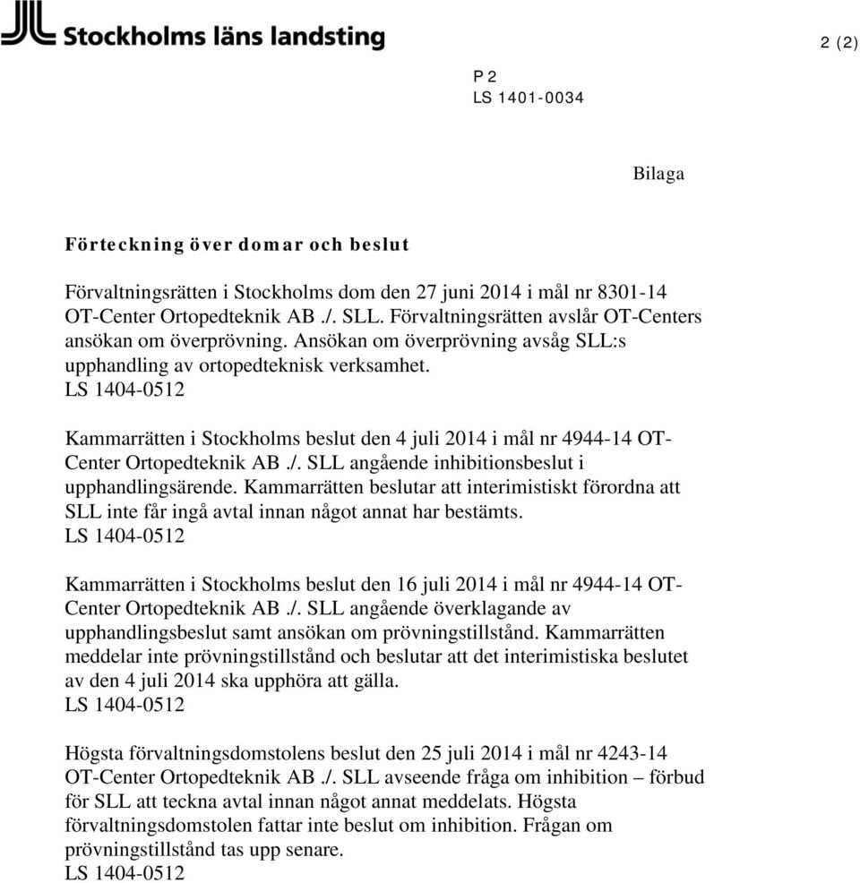 LS 1404-0512 Kammarrätten i Stockholms beslut den 4 juli 2014 i mål nr 4944-14 OT- Center Ortopedteknik AB./. SLL angående inhibitionsbeslut i upphandlingsärende.