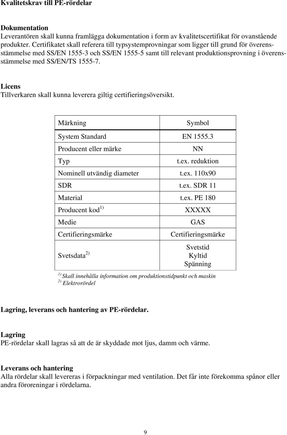 SS/EN/TS 1555-7. Licens Tillverkaren skall kunna leverera giltig certifieringsöversikt. Märkning Symbol System Standard EN 1555.3 Producent eller märke Typ Nominell utvändig diameter NN t.ex.