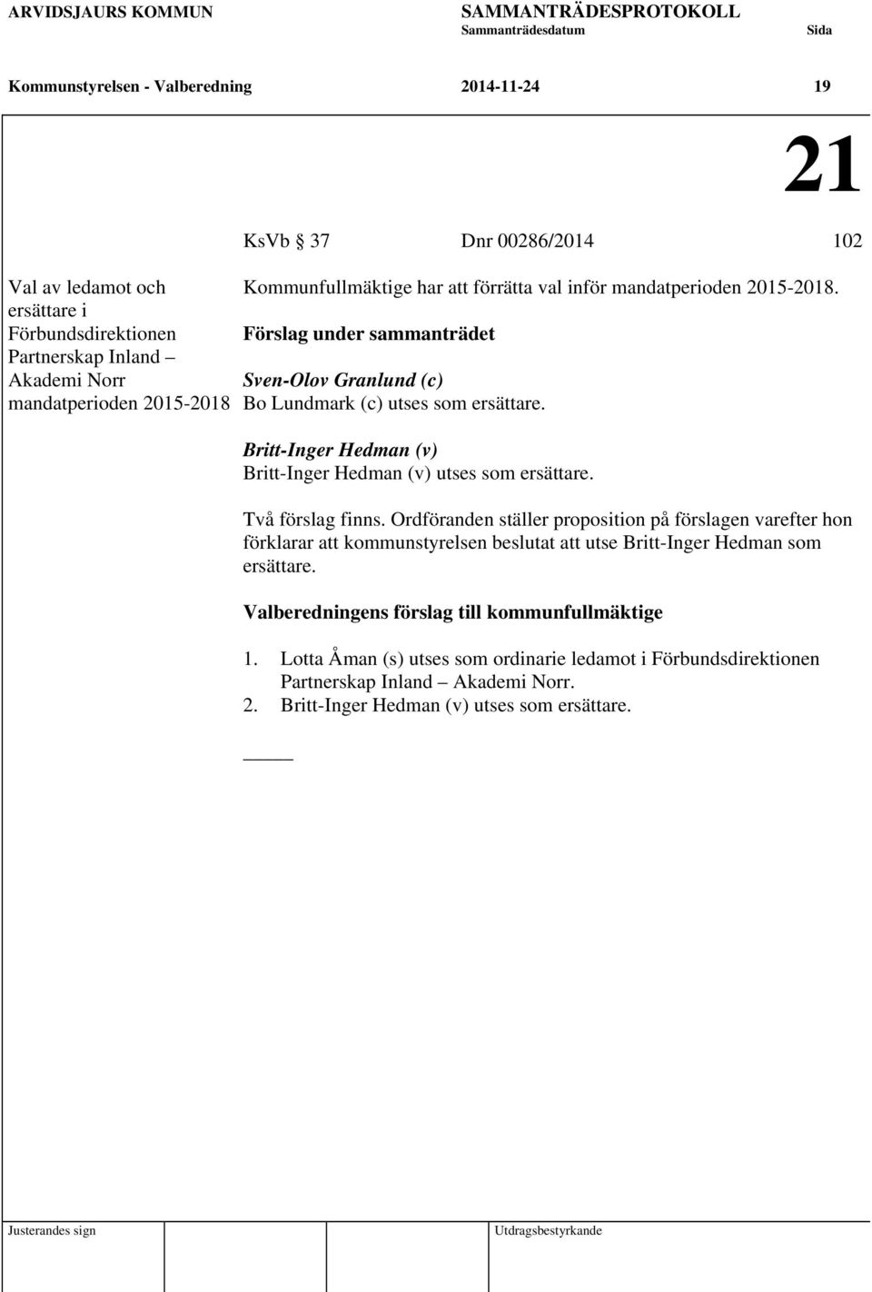 Britt-Inger Hedman (v) Britt-Inger Hedman (v) utses som ersättare. Två förslag finns.