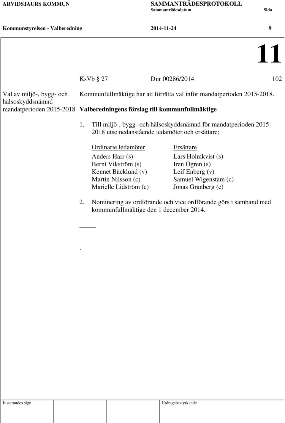 Till miljö-, bygg- och hälsoskyddsnämnd för mandatperioden 2015-2018 utse nedanstående ledamöter och ersättare; Ordinarie ledamöter Anders Harr (s)