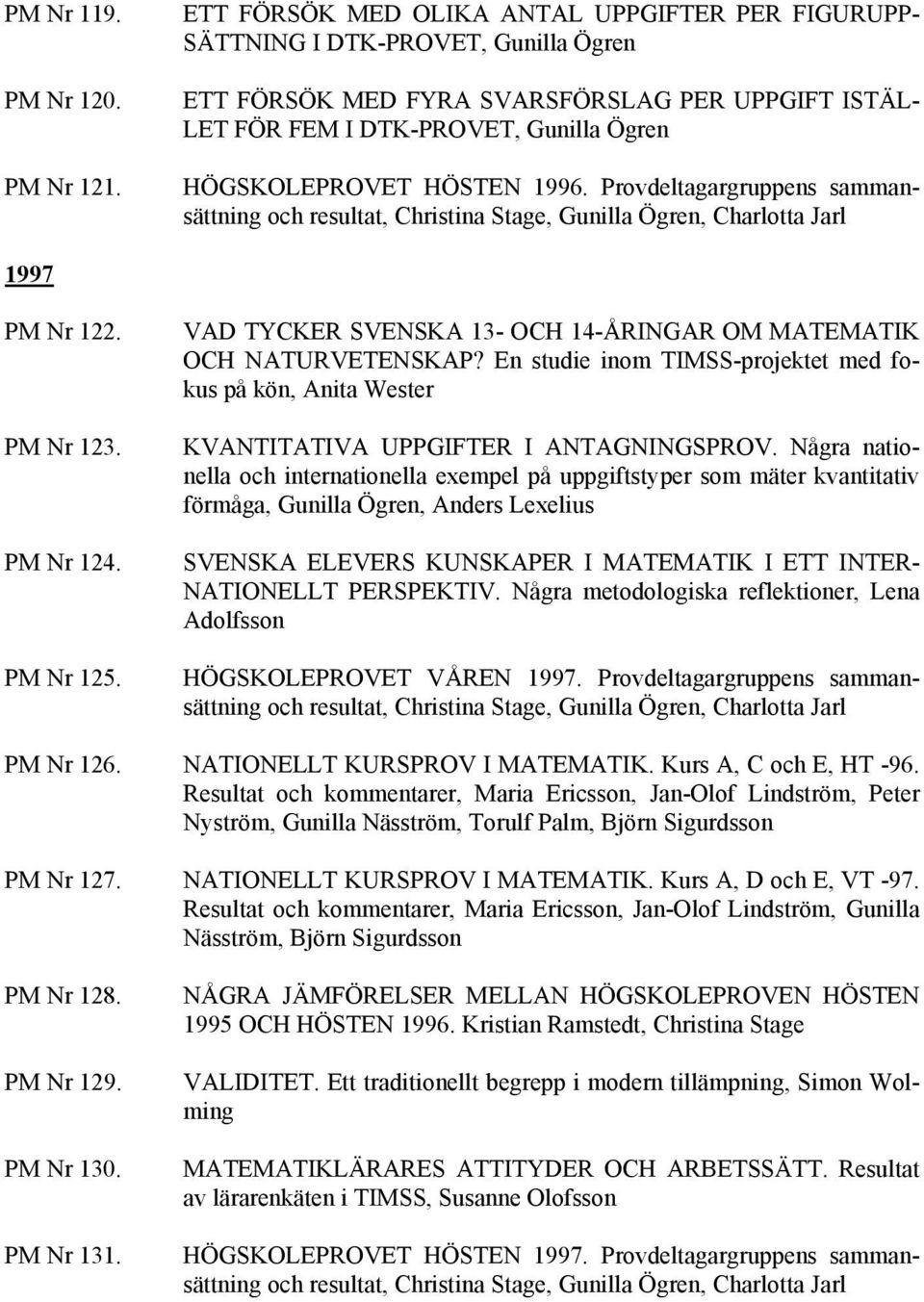 HÖSTEN 1996. Provdeltagargruppens sammansättning och resultat, Christina Stage, Gunilla Ögren, Charlotta Jarl 1997 PM Nr 122. PM Nr 123. PM Nr 124. PM Nr 125.