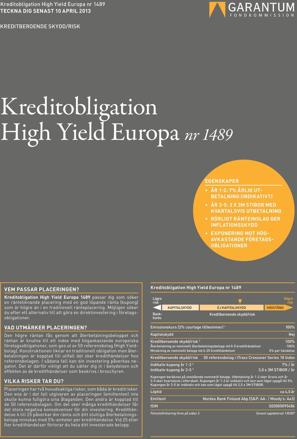 Kreditobligation High Yield Europa 1489 passar dig som söker en ränteliknande placering med en god löpande ränta (kupong) som är högre än i en traditionell ränteplacering.