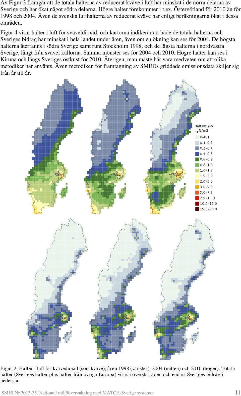 Figur 4 visar halter i luft för svaveldioxid, och kartorna indikerar att både de totala halterna och Sveriges bidrag har minskat i hela landet under åren, även om en ökning kan ses för 2004.