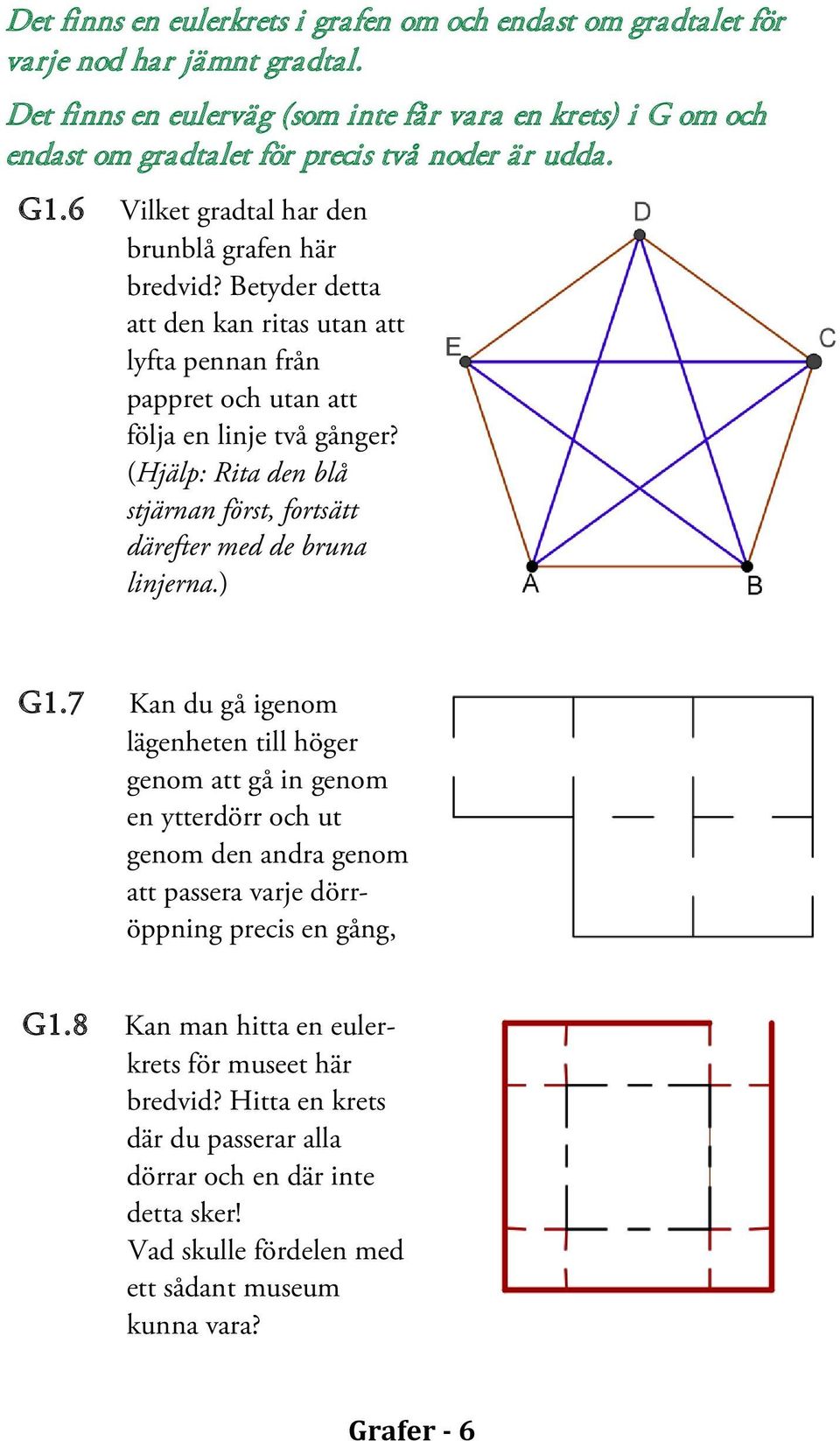 Betyder detta att den kan ritas utan att lyfta pennan från pappret och utan att följa en linje två gånger? (Hjälp: Rita den blå stjärnan först, fortsätt därefter med de bruna linjerna.) G1.