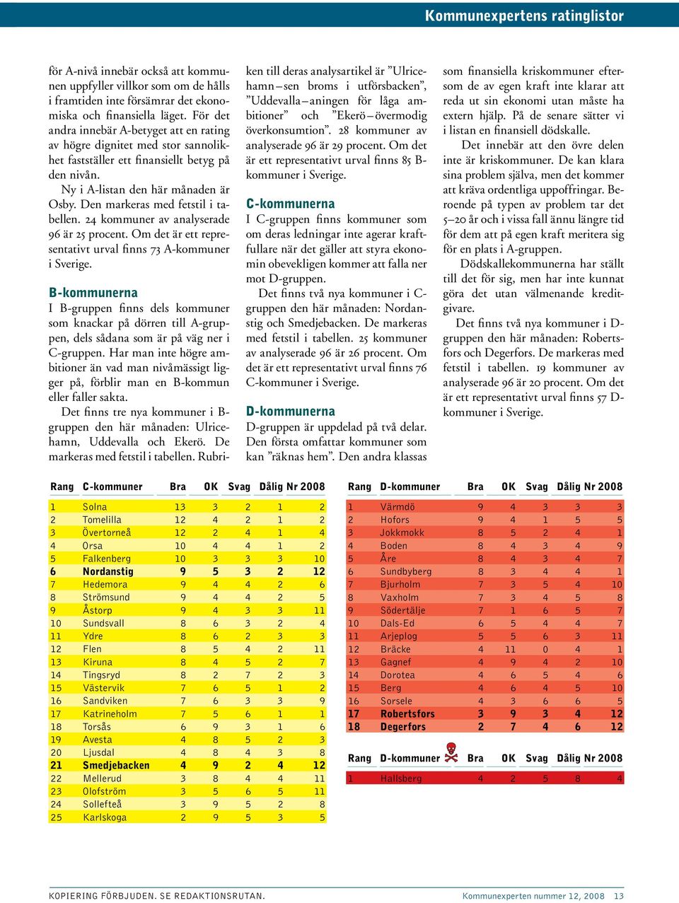 Den markeras med fetstil i tabellen. 24 kommuner av analyserade 96 är 25 procent. Om det är ett representativt urval finns 73 A-kommuner i Sverige.