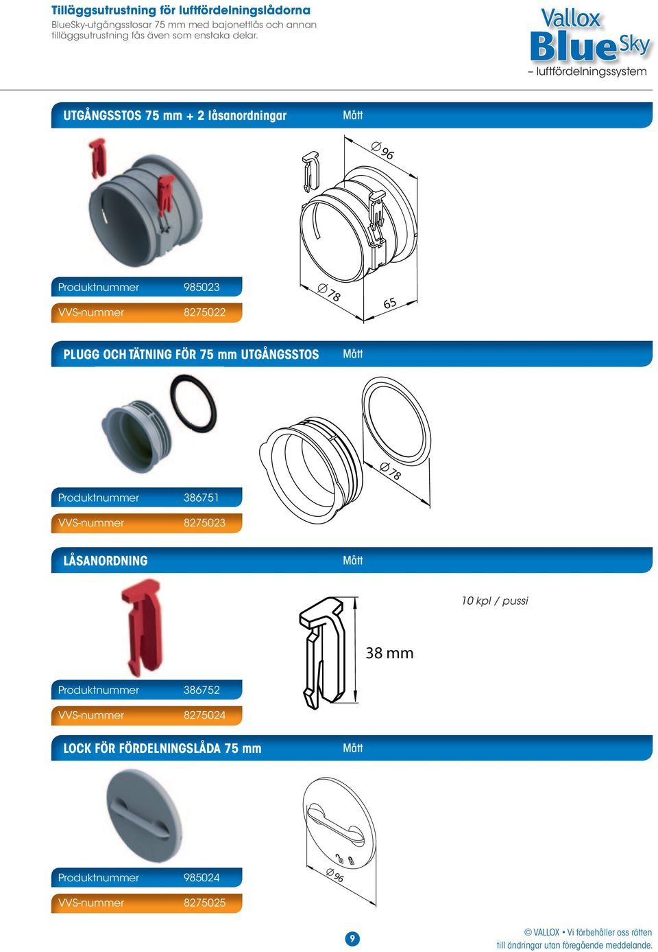 Vallox UTGÅNGSSTOS 75 mm + 2 låsanordningar 96 Produktnummer 98502 VVS-nummer 8275022 65 PLUGG OCH TÄTNING FÖR 75