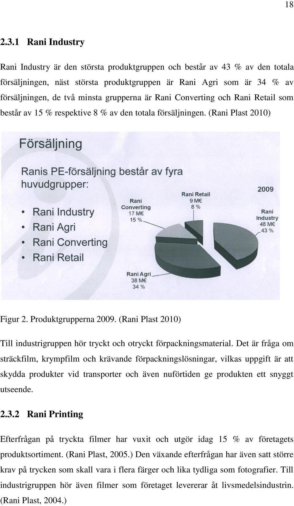 grupperna är Rani Converting och Rani Retail som består av 15 % respektive 8 % av den totala försäljningen. (Rani Plast 2010) Figur 2. Produktgrupperna 2009.