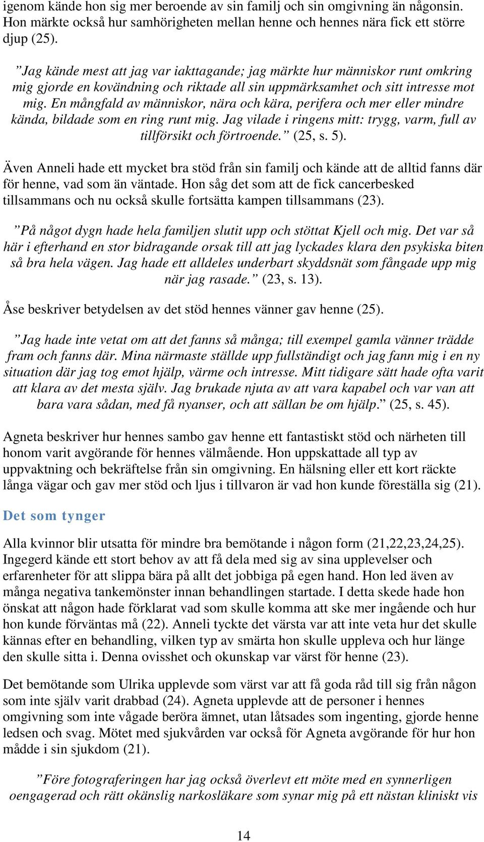 En mångfald av människor, nära och kära, perifera och mer eller mindre kända, bildade som en ring runt mig. Jag vilade i ringens mitt: trygg, varm, full av tillförsikt och förtroende. (25, s. 5).