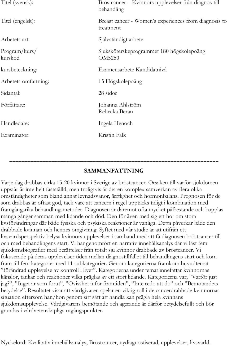 sidor Johanna Ahlström Rebecka Beran Ingela Henoch Kristin Falk SAMMANFATTNING Varje dag drabbas cirka 15-20 kvinnor i Sverige av bröstcancer.