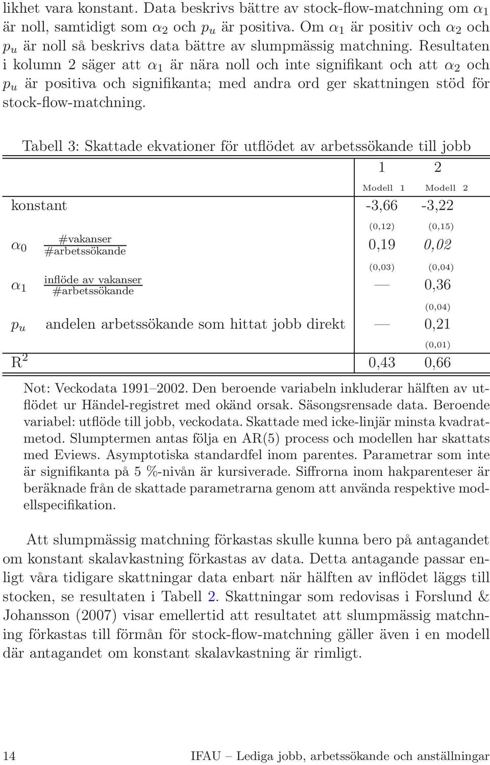 Resultaten i kolumn 2 säger att α 1 är nära noll och inte signifikant och att α 2 och p u är positiva och signifikanta; med andra ord ger skattningen stöd för stock-flow-matchning.