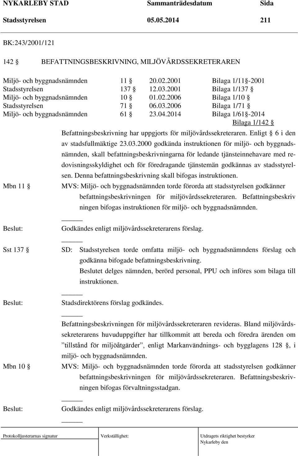 2014 Bilaga 1/61-2014 Bilaga 1/142 Mbn 11 Sst 137 Mbn 10 Befattningsbeskrivning har uppgjorts för miljövårdssekreteraren. Enligt 6 i den av stadsfullmäktige 23.03.