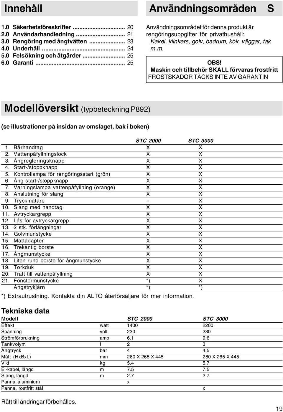 Maskin och tillbehör SKALL förvaras frostfritt FROSTSKADOR TÄCKS INTE AV GARANTIN Modellöversikt (typbeteckning P892) (se illustrationer på insidan av omslaget, bak i boken) STC 2000 STC 3000 1.